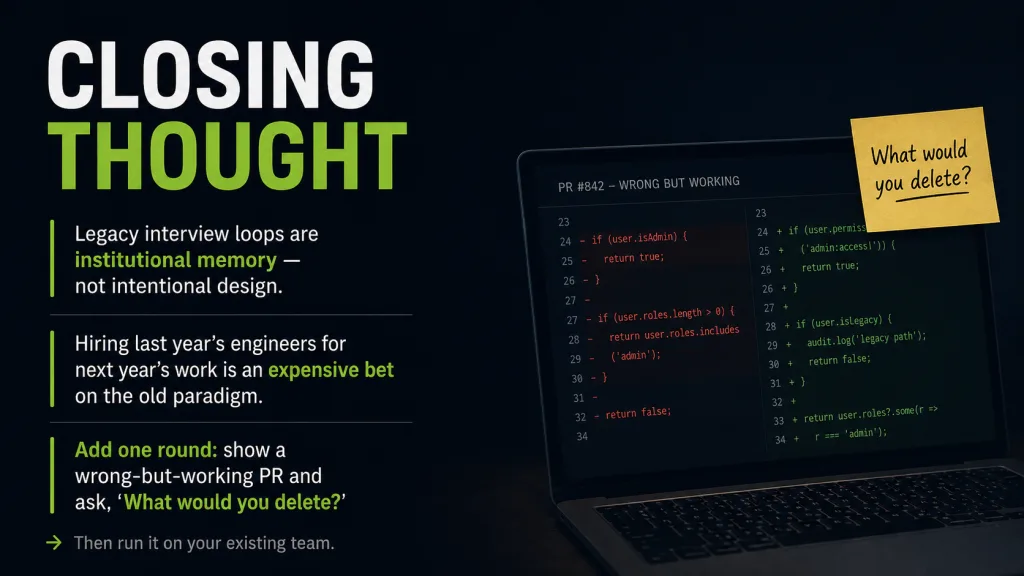 Closing-thought slide arguing legacy interview loops are institutional memory rather than intentional design, beside a laptop showing a wrong-but-working pull request and the question 'What would you delete?'.