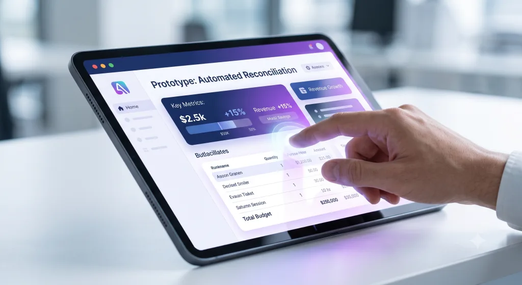 A hand using a tablet that displays an automated reconciliation prototype, with key metrics and a revenue growth chart.